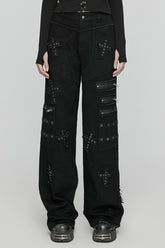 Black Women's Punk Cross Patch Big-pocket Denim Pants